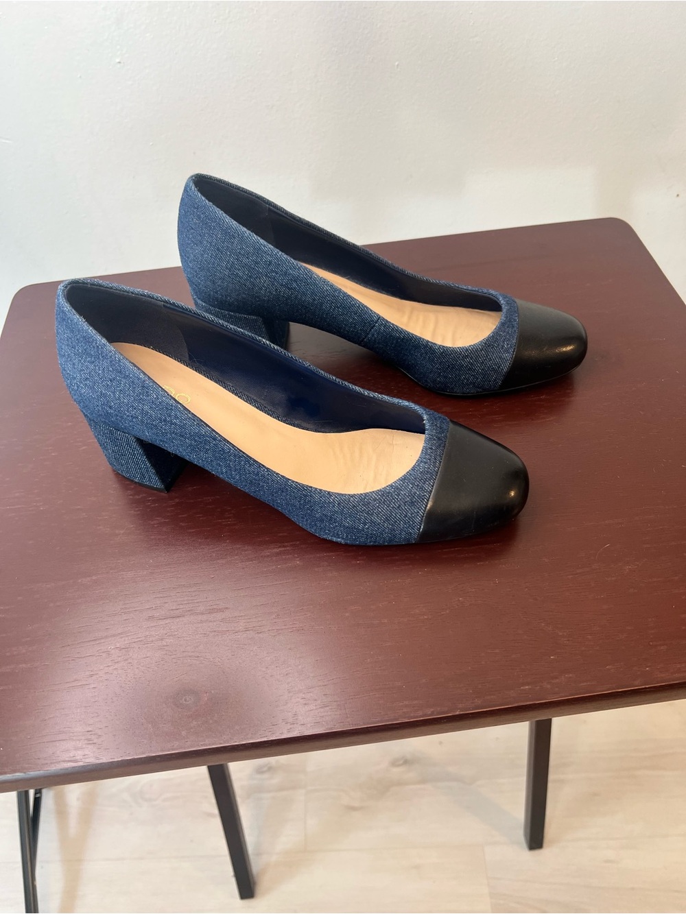 ALDO Bellone Denim Block Heel Pumps with Black Cap Toe Size 8 Staple Basic Work